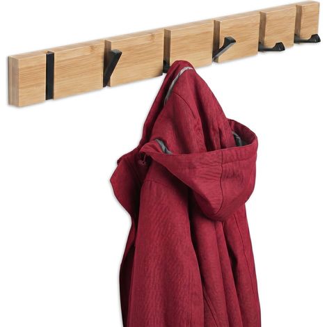 Bamboo Coat Rack With Folding Hooks, Black Accents (1/5)