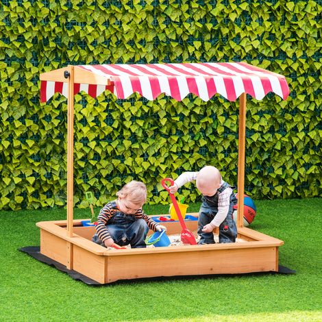 Sandkasten aus Holz für Kinder mit verstellbarem Sonnendach, Sitzen und Wannen, 107,5 x 107,5 x 100 cm (1/5)