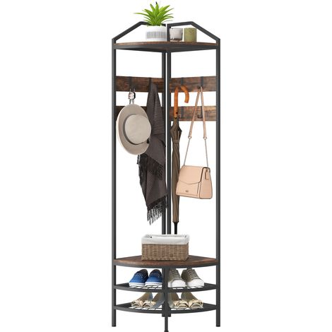 Meuble entrée angle vestiaire 4 niveaux rangement chaussures 8 patères mobiles 2 étagères, brun rustique (1/5)