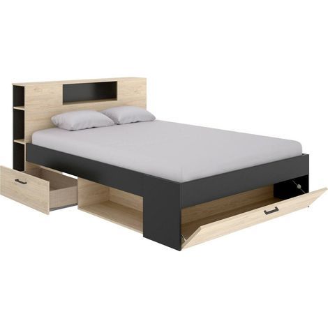 Dmora - Letto alla francese Conching, Sommier per camera da letto, Giroletto per stanza, Struttura porta materasso, 150x219 h95 cm, Antracite e Rovere