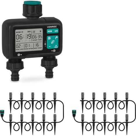 VONROC Programmateur arrosage 2 voies avec 2 kits irrigation 30 m goutte à goutte automatique WT503DC (1/5)