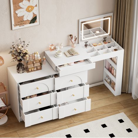 Coiffeuse pivotante 105x40x80 cm blanche en panneaux de particules avec miroir LED, 7 tiroirs et fonction bureau (1/5)