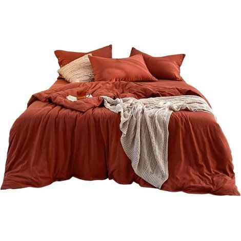 Bettwäscheset (Kingsize), leichter, vorgewaschener roter Bettbezug, 2 Kissenbezüge, Baumwollstruktur, für alle Jahreszeiten, Schlafzimmer (1/5)