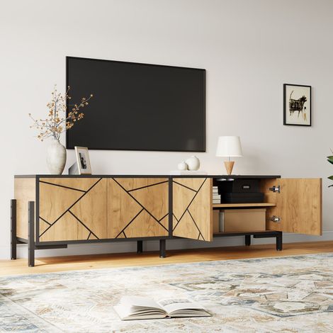 Meuble TV  Bois 153 cm avce 4 Portes à Design - Structure Métal Noir, Meuble TV moderne pour salon et chambre - Naturel