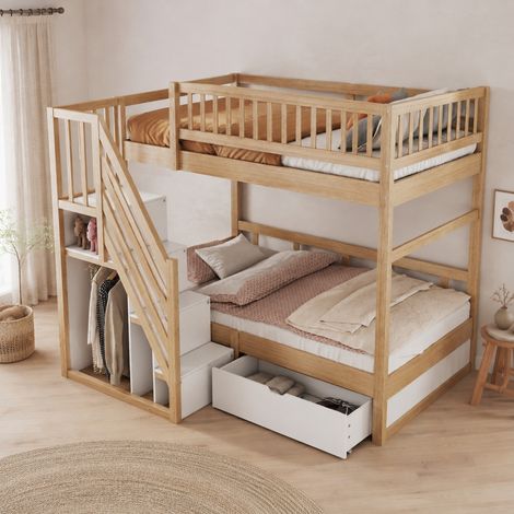 Litera 90 x 200 cm con escalera de almacenamiento, cajones, madera natural HAVRYA (1/5)