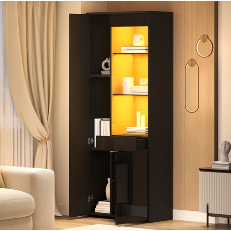 Vitrine haute 70x35x180 cm en aggloméré noir, LED, pour salon gain de place – MEUBLIV (1/5)