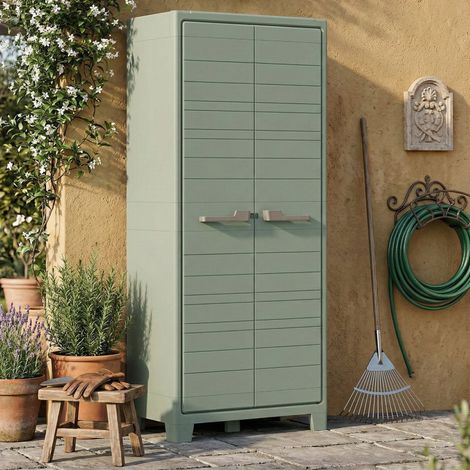 Dmora - Gartenschrank Sarezzo, Gartenmöbel, Mehrzweck-Gartenschrank, Container für Balkon oder Garage, Made in Italy, 80x44 h182 cm, Grau und Grün (1/5)