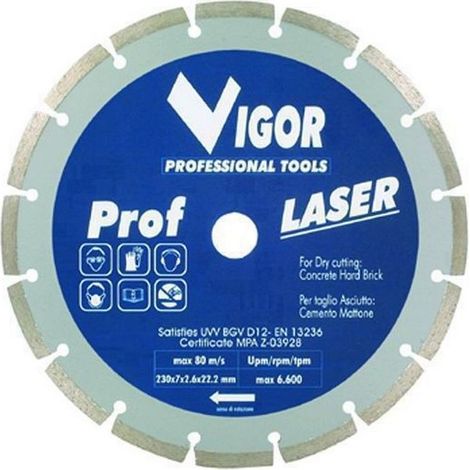 Vigor 5281730 Prof-Las Disco Diamantato a Settori Diametro 230 mm Per Tagli a Secco Saldato al Laser colore Nero