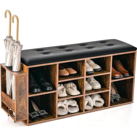 COSTWAY Banco Zapatero con Soporte para Paraguas, Banco de Entrada con 10 Cubos, Estante Ajustable, y Cojín Acolchado, Zapatero Organizador para Sala de Estar, Dormitorio y Cuarto (1/5)