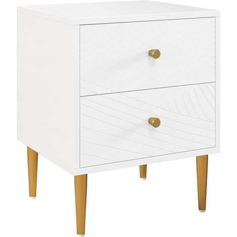 Table de chevet blanche 2 tiroirs avec poignées, pieds métalliques pour chambre ou salon, dimensions 40x35x50 cm (1/5)