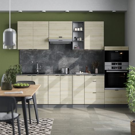 Cuisine Fame-Line, Chêne lambris/anthracite, 280cm , PT Marbre, Vicco
