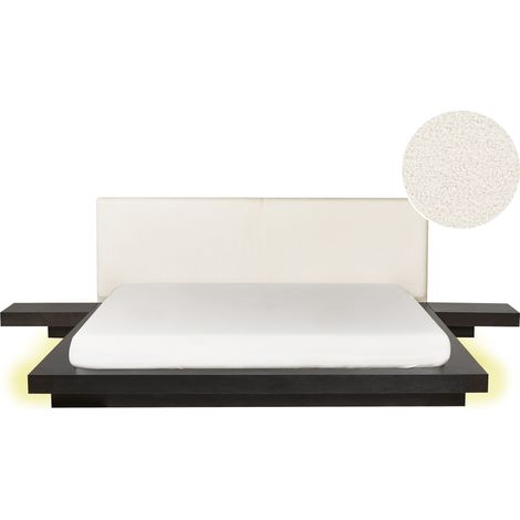 Cama moderna 180 x 200 cm con plataforma con LED mesitas de noche cabecero de bouclé madera de fresno oscuro Zen (1/5)
