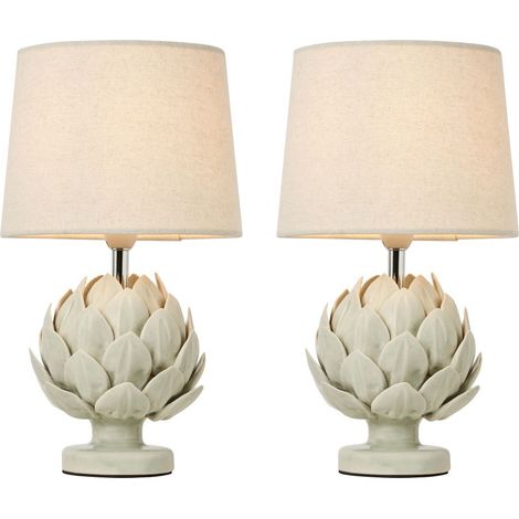 Litecraft Pair of Anika Artichoke Ceramic Table Lamps - Green, Natural, Chrome