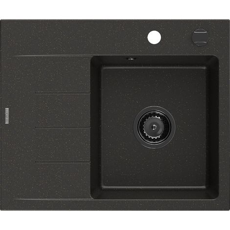Mexen Ben lavello in granito 1-vasca con sgocciolatoio, destro 600 x 500 mm, nero/oro metallico sifone nero - 6523605000-75-B (1/5)