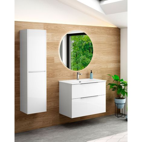 Mueble de Baño Suspendido con Lavabo Cerámico  2 cajones con Cierre Amortiguado y Organizador  90 cm  Blanco Brillo - Cromo (1/5)