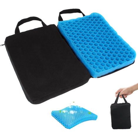 Coussin de siège en gel(39 x 27 x 2,7cm), double épaisseur, coussin orthopédique ergonomique en gel avec housse en tissu et poignée, portable et pliable, pour chaise de bureau, voyage, extérieur (1/5)