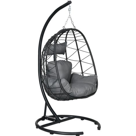 Poltrona sospesa in rattan con supporto, cuscini e copertura impermeabile, 150 kg, nera (1/5)