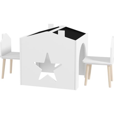 Ensemble table 2 chaises enfant – Plateau tableau noir, MDF, pieds pin – 3-8 ans, blanc (1/5)