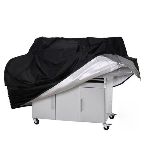 Die Grillabdeckung misst 145 x 61 x 117 cm und besteht aus wasserdichtem, UV-beständigem und strapazierfähigem Oxford-Gewebe. Sie ist ganzjährig nutzbar und mit rechteckigen Gasgrills kompatibel.