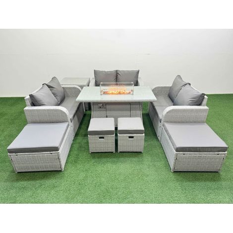 Fimous PE Rattan Lounge Sofa Set 10 Seater Outdoor Garden Furniture Set with Gas Firepit Table Love Sofa 2 Big Footstools Side Table Light Grey (1/4)