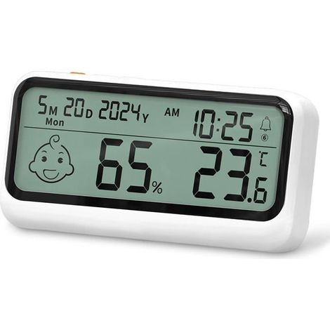 Thermomètre-hygromètre numérique d'intérieur haute précision Cuneary avec réveil, blanc, moniteur de température et d'humidité pour la chambre de bébé et le salon (1/5)