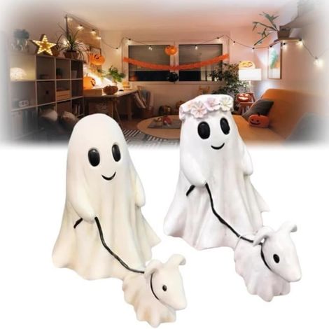 Statue de chien fantôme marchant pour Halloween 2024 - Décoration de fête en résine blanche de 15CM (1/3)