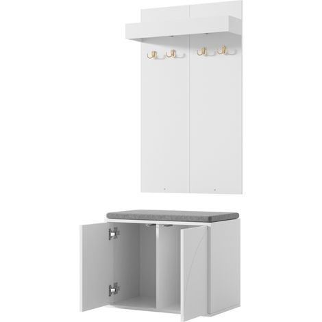 Mueble recibidor 3 en 1 con perchero, 4 ganchos, zapatero de 2 puertas y banco, blanco (1/5)