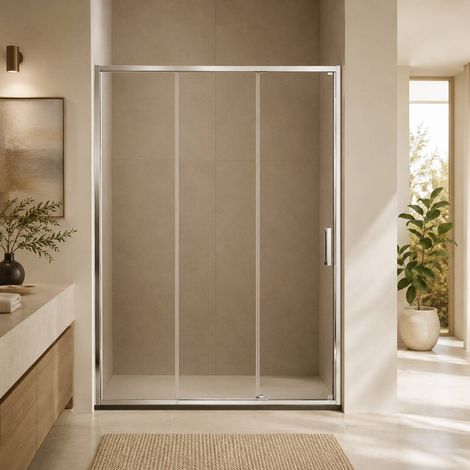 Paroi de douche avec 1 panneau fixe + 2 panneaux coulissants - 130 cm - Poignée à droite - Transparente (1/5)