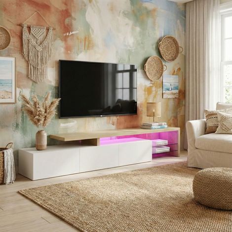 Meuble TV 200 cm avec LED et Étagères Verre – Meuble TV Moderne, Finition Bois, Rangement Maxi – Design, Blanc