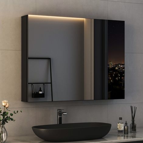 Spiegelschrank Schwarz 80x60 cm Spiegelschrank Bad Spiegelschränke Badschrank Badezimmer Spiegelschrank mit Spiegel und Verstellbare Glasablage (1/5)