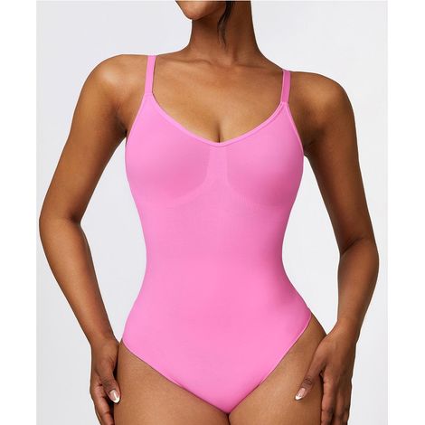 Combinaison une pièce femme, col V tendance, amincissante, sans manches, idéale pour le yoga, le fitness et le sport, rose, taille M (1/3)
