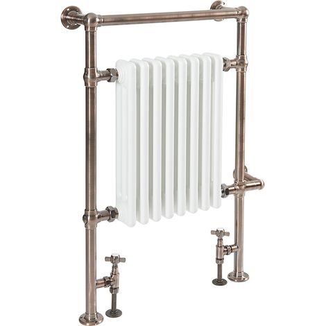 Milano Elizabeth 930mm x 620mm Floorstanding Brushed Bronze and White Dual Fuel Electric Heated Towel Rail Radiator with Angled Valves - With Cable Cover (1/5)
