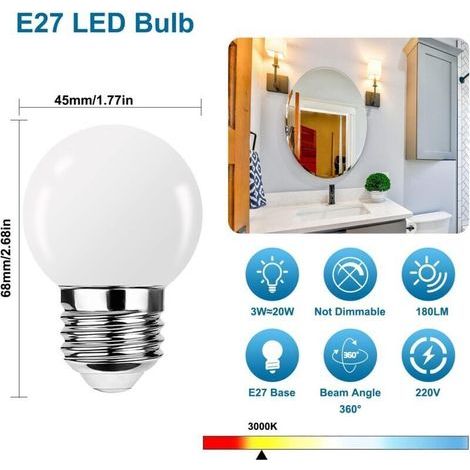 Ampoule LED E27 3 W G45 Blanc Chaud – Mini Globe Golfball, Angle de Faisceau 360°, Non Dimmable, Lot de 10 (1/3)