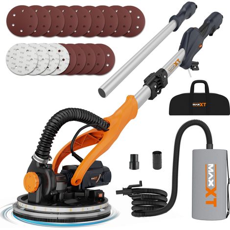 MAXXT Levigatrice per cartongesso Pieghevole Con aspirazione polvere VERO sistema di autoaspirazione Luce LED impugnatura telescopica Velocità variabile Motore 820W Sei dischi abrasivi 225mm (1/5)