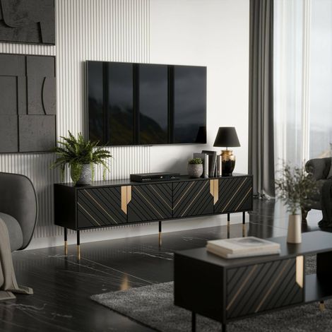 Seborga TV-Ständer, Wohnzimmer-Sideboard mit vier Flügeltüren und vier Innenfächern, vom Boden abgehoben, 204 x 40 x 55 cm, Schwarz und Gold (1/4)