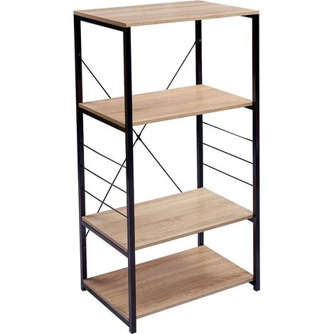 WOLTU Küchenregal Standregal Mikrowellenhalter Bäcker Regal Metallregal aus Holz und Stahl, mit 4 Ablagen, ca. 60 x 40 x 124 cm, Hell Eiche + Schwarz (1/5)