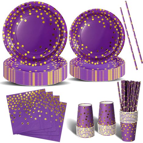 120 Pcs Violet et Or Vaisselle Jetable Anniversaire -24 invités (1/5)