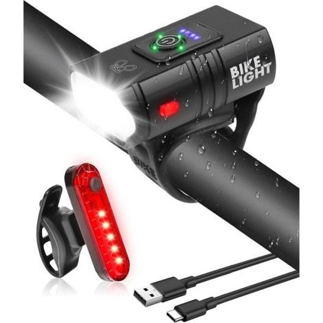 Phare Vélo - 1600 Lumen - Avant et Arrière - 10 Modes - Étanche IPX4 - Recharge USB - Pour VTT Route VAE - 1 Pièce (1/5)
