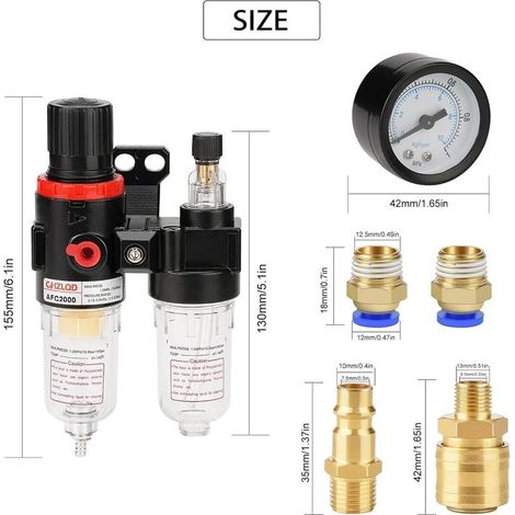 Druckluftfilter-Set mit Manometer, 1/4"-Wasserabscheider und Ölabscheider, Kompressordruckregler, schwarz/gold (1/5)