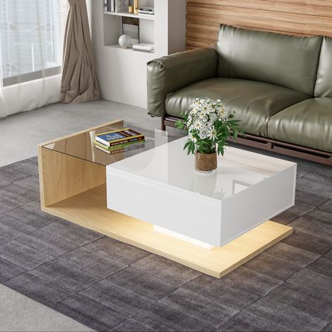 Mesa de centro 105x55x32.5 cm natural y blanco brillo en tablero de partículas con vidrio templado y LED (1/5)
