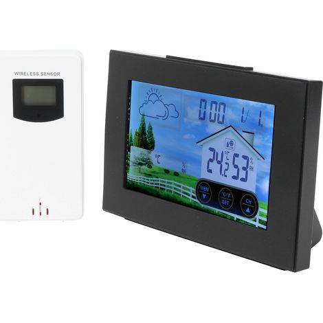 Kabelloses digitales Thermometer, Hygrometer, Uhr, Wecker, Touchscreen, für drinnen und draußen (1/5)