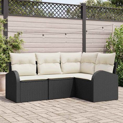 Gartensofa-set mit Kissen 4 pcs Schwarz und Weiß Poly-Rattan