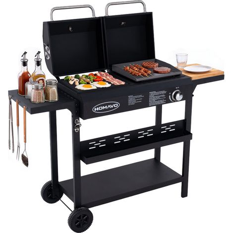 HOMAVO Gas- und Holzkohlegrill mit Warmhalterost/Seitentisch/Transportrollen/Regenschutzhülle, inkl. Flaschenöffner + Haken + Montagewerkzeugsatz