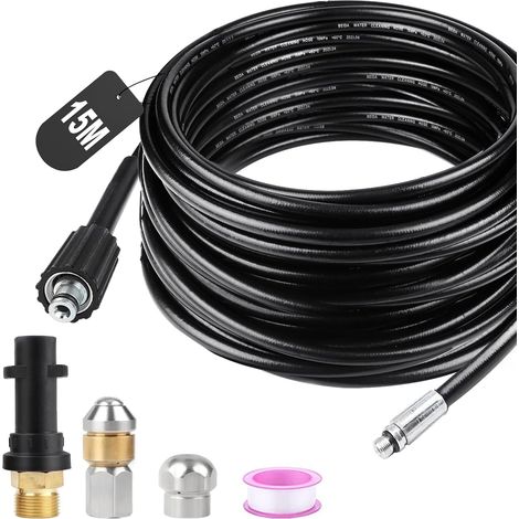 Tuyau Deboucheur Canalisation Haute Pression 15M 180bar Tuyau Déboucheur Flexible Tuyau Nettoyeur Haute Pression avec Buse à Jet et Buse Rotatif, Adaptateurs pour Kärcher K2 K3 K4 K5 K6 K7