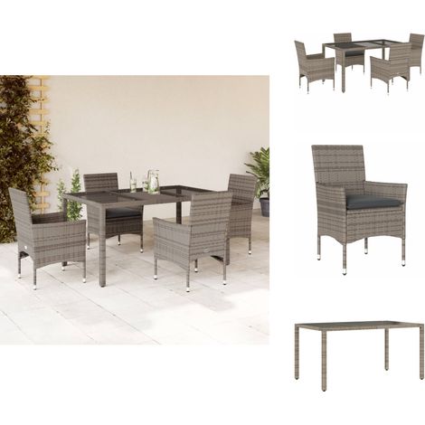 5-tlg. Garten-Essgruppe mit Kissen Grau Poly Rattan und Glas - Gartentisch - Gartenmöbel Set - Esstisch - Gartenset - Outdoor Möbel (1/5)