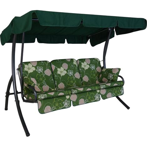Balancelle de Jardin Comfort, 3 Places Convertible en Lit, Structure en Acier Galvanisé, Toit Parasol Réglable, Coussins Rembourrés, Capacité 270 kg (Motifs Fleurs Vert-Beige) (1/5)