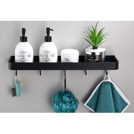 Étagère de rangement murale flottante en métal pour salle de bain - Noir - Économie d'espace - Antirouille - Extra solide - Avec 5 crochets (30 cm) (1/5)