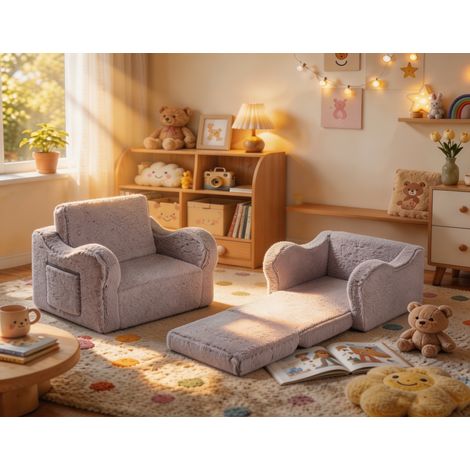 Fauteuil enfant convertible en peluche ultra douce Canapé pliable 2 en 1 avec accoudoirs protecteurs gris