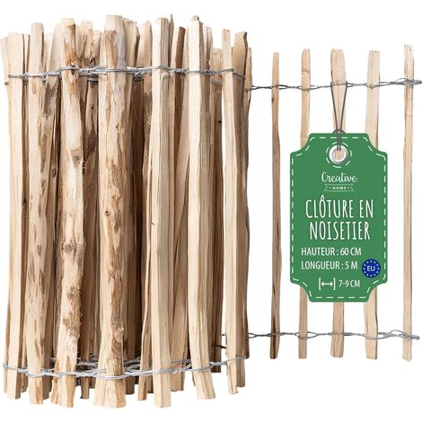 Clôture en bois de noisetier 60 cm x 5 m – Espacement lattes 7-9 cm – Résistante aux intempéries – Installation facile sans outils