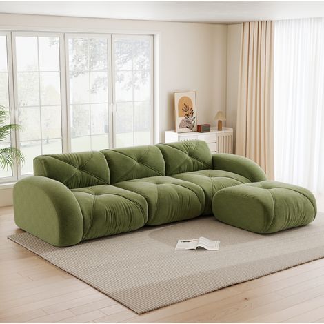 Divano modulare angolare 3 posti verde in chenille con seduta in schiuma 32D (1/5)
